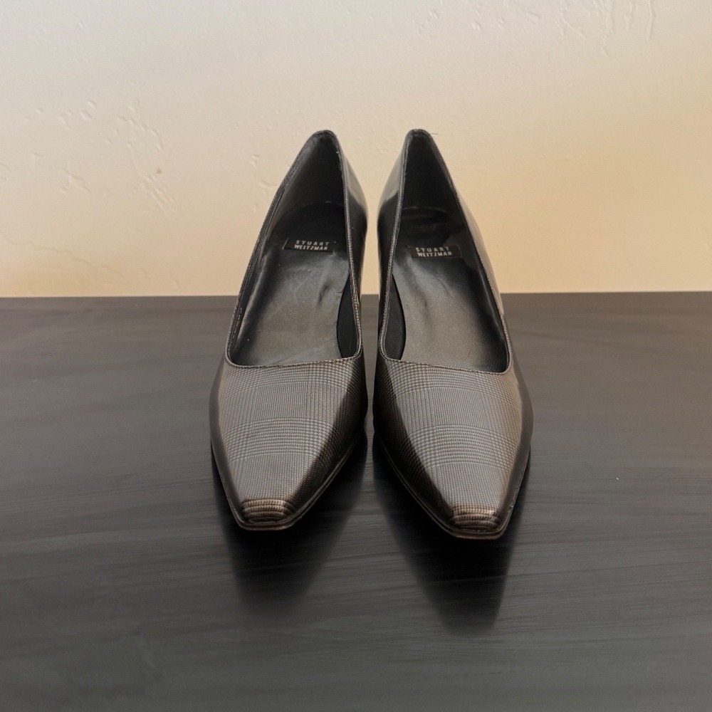 Stuart Weitzman Vintage Grey Plaid Pumps 2.5" Kitten Heel Square Toe  Size 7 - Picture 2 of 11
